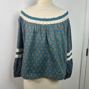 Luna Moon Womens Cottagecore Cropped Top Prairie Crochet Floral Print Size Large